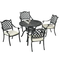 Outsunny Cast Aluminium 4 Seater Outdoor Dining Set with Cushions Parasol Hole Black(m-1)
