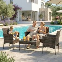 Outsunny 4 Piece Rattan Garden Furniture Sofa Set with Loveseat, Armchairs, Glass-Top Coffee Table and Cushions, Brown(m-8)