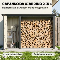 Outsunny Portalegna da Esterno 2 in 1 con Armadietto Porta Attrezzi, 1.26 m², 235x67x149 cm, Grigio Scuro(m-3)