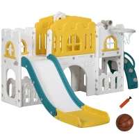 AIYAPLAY Escorrega infantil, estrutura de jogo 7-in-1, com basquete & volante, para 1-3 anos, 178x177x99cm, Amarelo/Branco/Verde(m-7)