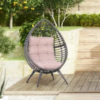 Outsunny Poltrona da Esterno in Rattan a Goccia Stile Boho con Cuscino, 101x89x156cm Grigio e Beige(m-10)
