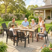 Outsunny Conjunto de Mesa y Sillas Jardín con Mesa con Tablero de Listones y 6 Sillas Transpirables para Terraza Patio Negro(m-9)