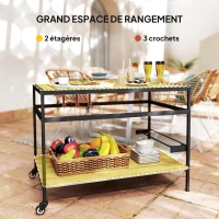 Outsunny Desserte de jardin chariot pour plancha en bois et métal 2 étagères 3 crochets 107 x 65 x 80 cm noir naturel(m-4)