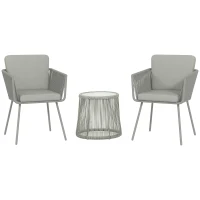 Outsunny Set da Esterno con Tavolino in Vetro e 2 Sedie da Giardino in Rattan Stile Boho, Grigio Chiaro(m-1)