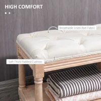 HOMCOM 2-Tier Bed End Bench, Vintage Stool, Wooden Window Seat with Storage Shelf, Button Tufted Upholstered Footstool for Living Room, Bedroom, Entryway, Cream White(m-5)