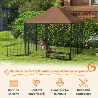 PawHut Țarc pentru câini din metal și material Oxford cu ușiță pentru boluri, 141x141x151 cm, negru și maro(m-4)