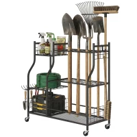 Outsunny Organisateur d'Outils de Jardin en Acier à 3 Niveaux, 32 Emplacements, 4 Roues, 11 Crochets, 104x40x95cm, Noir(m-13)