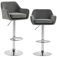 HOMCOM Lot de 2 Tabourets de Bar Pivotants en Velours avec Hauteur Réglable, Repose-pieds, Dossier, Base en Métal, Gris(m-7)