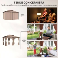 Outsunny Gazebo da Giardino 4x3m con Doppio Tetto e Tende Laterali in Acciaio e Poliestere, Color Cachi(m-5)