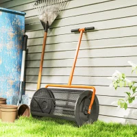 Outsunny Compost Spreader, 24" Peat Moss Spreader with Height Adjustable T Shaped Handle and Metal Mesh Basket, Garden Spreader for Seeding, Spreading Manure, Orange(m-10)
