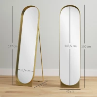 HOMCOM Specchio da Terra Moderno con Telaio in Metallo Autoportante o da Parete, 40x150 cm, Oro(m-3)