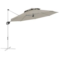 Outsunny Parasol déporté rond 3 x 2,5 m avec manivelle, base croisée, inclinable et rotatif à 360°, double toit, gris(m-1)
