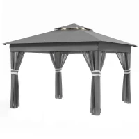 Outsunny Pavilion de Grădină cu Înălțime Reglabilă și Lumină LED, din Oțel și Țesătură Oxford, 336x336x250-270 cm, Gri(m-12)