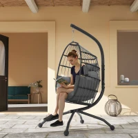 Outsunny Silla Colgante con Soporte Cesta Plegable Cojín y Reposacabezas para Interior y Exterior Carga 120 kg Gris(m-10)