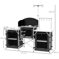 Outsunny Cucina da Campeggio Pieghevole a 3 Piani con 5 Ripiani Interni e 4 Ganci, 172x48x130 cm, Nero(m-3)