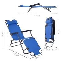 Outsunny 2 in 1 Folding Sun Lounger Reclining Garden Chair Set of 2 with 2-Level Adjustable Backrest, Outdoor Zero Gravity Recliner Garden Chairs with Head Pillow and Armrests, Blue(m-3)
