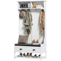 HOMCOM Garderobenständer mit Haken, Garderobe mit Schuhbank, für Eingangsbereich, Flur, Metall, MDF, Weiß+Grau(m-11)