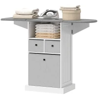 HOMCOM Mobilier pliabil pentru călcat pe roți, cu raft deschis și 3 sertare, 121x37x89,5 cm, alb și gri(m-11)