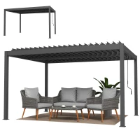 Outsunny Pergola bioclimatique 4x3m, pergola aluminium, lames orientables, manivelle, protection soleil, imperméable, gris foncé(m-12)
