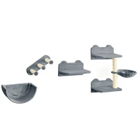 PawHut 4PCs Wall-Mounted Cat Shelves w/ Scratching Post, Hammock, Nest - Grey(m-1)