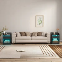 HOMCOM Mesita de Noche con Estación de Carga Luz LED RGB Cajón Estante Abierto Puertos USB y Control Remoto 40x40x58 Cm Negro(m-9)