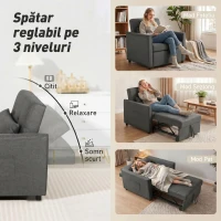 HOMCOM Fotoliu Pat Single 3 în 1 din Material Textil Tip In și Lemn cu Spătar Reclinabil, Pernă, Buzunare, Gri(m-5)
