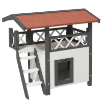 PawHut Cat House Outdoor w/ Balcony Stairs Roof, 77 x 50 x 73 cm, White(m-1)