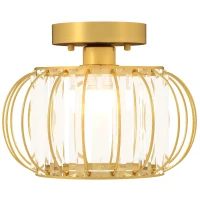 HOMCOM Plafonieră LED Modernă și Minimalistă cu Structură Tip Cușcă și 18 Cristale, din Metal Auriu, Ø27x19 cm(m-12)