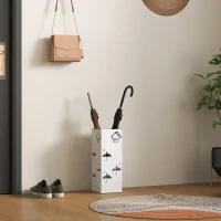 HOMCOM Paragüero de Acero con Bandeja Recoge Gotas Ganchos para Paraguas Plegables y Diseño Decorativo 15,5x15,5x41 cm Blanco(m-9)