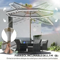 Outsunny Parasol de jardin extérieur parasol inclinable octogonal avec manivelle toile 180 g/m² Ø 2,7 x 2,4 m gris clair(m-4)