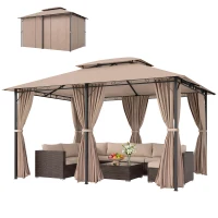 Outsunny Gazebo da Giardino 4x3m con Doppio Tetto e Tende Laterali in Acciaio e Poliestere, Color Cachi(m-10)
