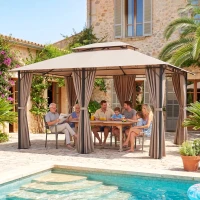 Outsunny Gazebo da Giardino 4x3m con Doppio Tetto e Tende Laterali in Acciaio e Poliestere, Color Cachi(m-8)