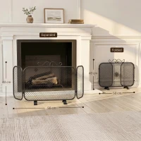 HOMCOM Parascintille Camino Pieghevole a 3 Pannelli in Metallo con Base Rimovibile, 90x16x40 cm, Nero(m-3)