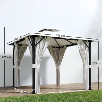Outsunny Tonnelle de jardin extérieur 3x3m pavillon de jardin, toit double, rideaux, crochets de plafond, cadre en métal, crème(m-4)