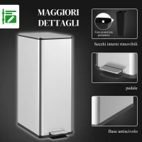 HOMCOM Cestino Spazzatura 20L con Chiusura Ammortizzata e Secchio Rimovibile, in Acciaio e PP, 21.5x37.2x57 cm, Argento(m-7)