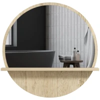Kleankin Espelho Redondo de Parede de Casa de Banho com 1 Prateleira de Arrumação Ø45x10 cm Painel de Partículas(m-7)