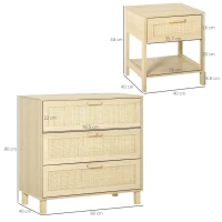 HOMCOM Chest of Drawer and Nightstands, Boho Rattan Furniture Set, Nature Wood Finish(m-3)