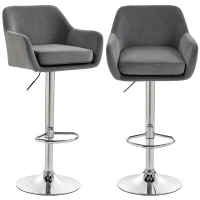 HOMCOM Lot de 2 Tabourets de Bar Pivotants en Velours avec Hauteur Réglable, Repose-pieds, Dossier, Base en Métal, Gris(m-8)