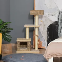 PawHut Arbre à chats style cosy chic griffoirs sisal naturel niche 3 plateformes 2 jeux boules peluche courte résine tressée imitation rotin beige(m-9)