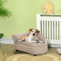 PawHut Divano per Cani Rialzato con Spazio Portaoggetti a Scomparsa, in Legno e Tessuto Vellutato, 80x40x46 cm, Beige(m-10)