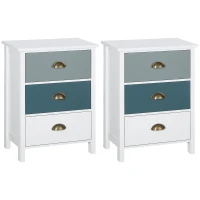 HOMCOM Bedside Table Set of 2 Chest of 3 Drawers Shabby Chic Nightstands with Metal Handle Sofa Side Table for Living Room, Bedroom,Grey and blue(m-1)
