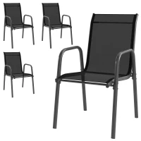 Outsunny Lot de 4 Chaises de Jardin Extérieures, Chaise de Salle à Manger Empilables avec Accoudoirs et Dossier Haut, Noir(m-12)