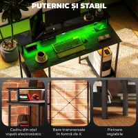HOMCOM Birou Reversibil pentru PC cu Prize Electrice, Lumini, Suport Monitor și Raft, 120x50 cm, Negru(m-9)