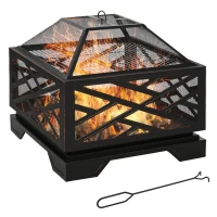 Outsunny Metal Firepit Outdoor 2 in 1 Square Fire Pit Brazier w/ Grill Shelf, Lid, Poker for Backyard, Camping, BBQ, Bonfire, Wood Burning Stove, 66 x 66 x 66cm, Black(m-10)