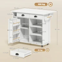 HOMCOM Isla de Cocina con Ruedas Tapa Abatible Estantes en la Puerta Toallero Armario 2 Cajones 117,5x70x91 cm Blanco(m-3)