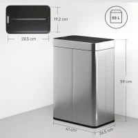 HOMCOM Sensor-Mülleimer, 55 L Kapazität, Schmetterlingsdeckel, öffnet automatisch, Edelstahl, Silberfarben(m-3)
