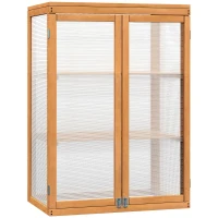 Outsunny 3-tier Cold Frame with Openable Top Cover and Double Doors, Garden Wooden Greenhouse with Storage Shelf, Polycarbonate Grow House for Plants, Flowers, Natural(m-1)