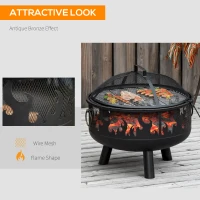 Outsunny Metal Firepit Bowl Outdoor 2-In-1 Round Fire Pit w/ Lid, Grill, Poker, Handles for Garden, Camping, BBQ, Bonfire, Wood Burning Stove, 61.5 x 61.5 x 52cm, Black(m-7)