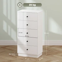HOMCOM Cómoda Aparador com 5 Gavetas Móvel em Painel de Madeira Estilo Moderno 47x29x95 cm Branco(m-3)