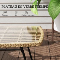 Outsunny Table d'appoint de jardin en résine tressée, 90x50x45cm, table basse de jardin avec plateau en verre trempé, naturel(m-6)